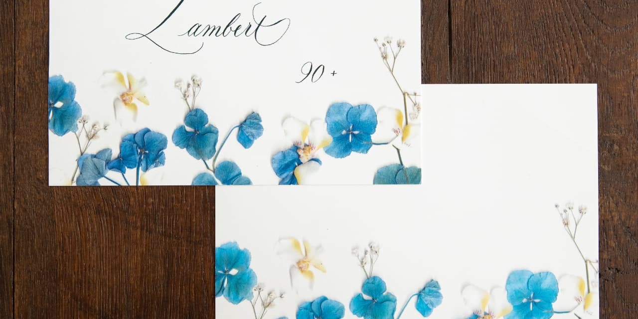 Finished Pétalia botanical cards with copperplate calligraphy